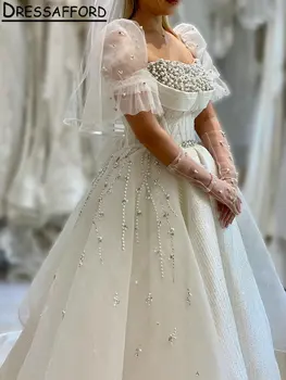 Великолепное свадебное платье из Дубая с блестящими кристаллами и коротким рукавом, А-силуэт, Съемный шлейф, жемчуг, Бант, Арабское свадебное платье