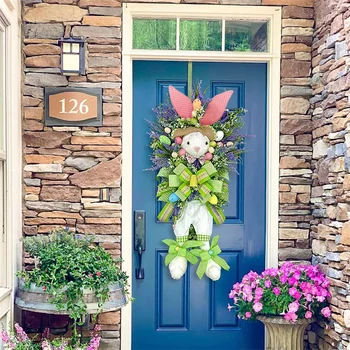 Венок с Пасхальным кроликом для входной двери, Подвесное украшение на дверь с Пасхальным кроликом, Пасха для домашнего декора, Пасхальные принадлежности для украшения сада