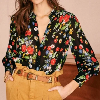 Весенне-летняя новая женская рубашка с V-образным вырезом и длинными рукавами в пасторальном стиле с цветочной ромашкой