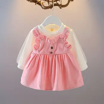 Весенне-осеннее детское платье, хлопковое платье с длинными рукавами для младенцев, платье принцессы с сетчатыми рукавами для девочек