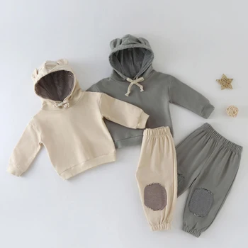 Весенне-осенний комплект одежды для маленьких мальчиков и девочек, хлопковый пуловер с капюшоном и длинными рукавами + брюки, комплект детской одежды