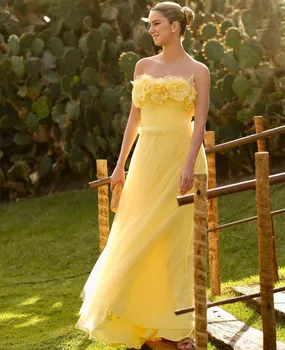 Вечерние платья из желтого тюля AsaNagi с цветочным рисунком Без бретелек, женское изящное вечернее платье трапециевидной формы длиной до пола.