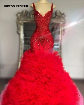 Вечерние платья Спагетти из красного тюля со шлейфом и рюшами для элегантной вечеринки Aso Ebi, свадебное платье с хрустальным бисером, специальное платье для черных девочек