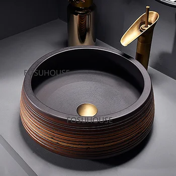 Винтажная керамическая раковина для ванной комнаты Круглое приспособление для ванной комнаты Раковина со столешницей во дворе Простота Креативного умывальника для ванной комнаты