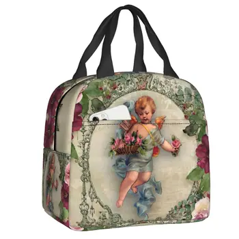 Винтажная сумка для ланча с розами и викторианским ангелом, женская сумка-холодильник, термоизолированный ланч-бокс для детей, школьные Рабочие сумки для еды, сумки для пикника
