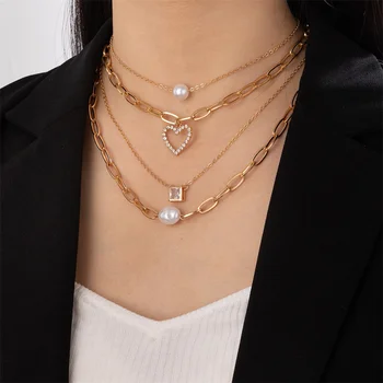Винтажное ожерелье с подвеской из искусственного жемчуга с геометрическим кристаллом в форме сердца Для женщин, женская мода, многоуровневые ювелирные изделия в стиле панк