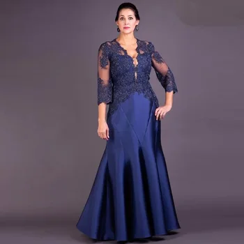 Винтажные темно-синие платья для матери невесты с V-образным вырезом и рукавом 3/4, платья для свадебной вечеринки, атласная аппликация 