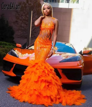 Выпускные платья Cara & Alan Orange Mermaid 2023, вечерние платья с блестками и перьями, Длинные африканские женские халаты для бала, праздничный наряд