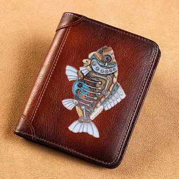 Высококачественные Мужские кошельки из натуральной кожи Steampunk Gear Fish Cover с коротким держателем для карт, мужской кошелек Trifold BK3876