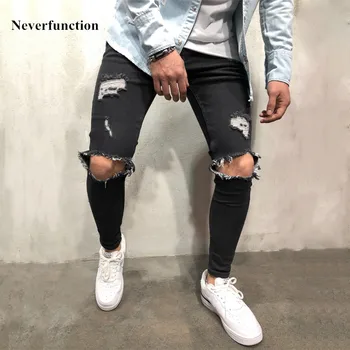 Высококачественные эластичные мужские обтягивающие джинсы с рваными коленями, городская одежда, панк-корейский синий черный деним, дизайнерские потертые брюки для бега трусцой.