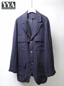 Высококачественный мужской льняной повседневный блейзер с карманами, Однобортный винтажный полосатый деловой Мужской рабочий пиджак, брендовый дизайнерский блейзер