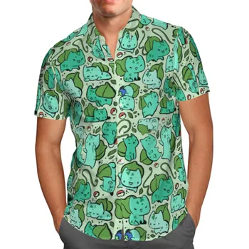 Гавайская летняя мужская рубашка, зеленые топы с короткими рукавами в стиле аниме, повседневная модная пляжная уличная рубашка размера оверсайз 5XL, винтажная одежда