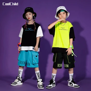 Детская футболка в стиле хип-хоп, поддельные шорты-карго для уличных танцев, комплекты летней одежды для мальчиков, свободный топ для девочек, уличная одежда, детские костюмы