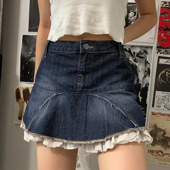 Джинсовая юбка с оборками Harajuku Y2K Jeans, Приталенная женская юбка с высокой талией, повседневная плиссированная Мини-юбка, Короткая