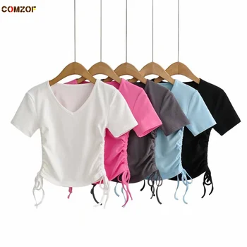 Дизайн со шнурком, Женская летняя футболка 2022, укороченные топы с коротким рукавом, футболки, рубашки, Модная блузка, Укороченная Женская одежда