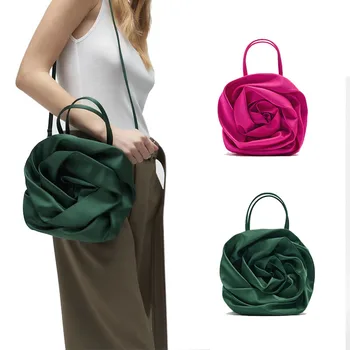 Дизайнерская атласная сумка-тоут с цветами, плиссированный бархатный мешочек с рюшами, женский кошелек для вечеринок 2023 года, сумка с верхней ручкой, зеленая женская сумочка