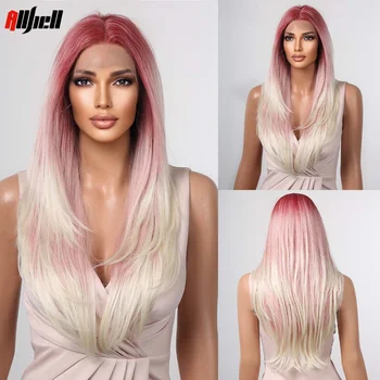 Длинные многослойные прямые светлые парики с розовым омбре на кружеве спереди, синтетический парик с Т-образной средней частью, для черных женщин, косплей из натуральных волос