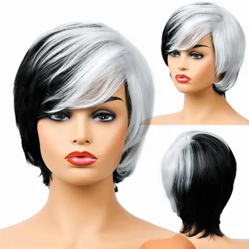 Европейские и американские парики Женская мода Черный Белый Смешанный цвет Химическое волокно Высокотемпературный шелк Короткие прямые волосы на голове
