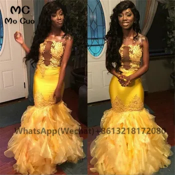 Желтые платья для выпускного вечера в африканском стиле 2021 года, длинные с аппликациями, кружевное платье из органзы со шлейфом, многоуровневое платье для выпускного вечера из тюля для черных женщин