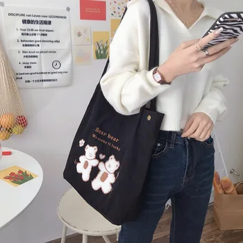 Женская вельветовая сумка через плечо с вышивкой Lucky Bears, холщовая сумочка в полоску из эко-ткани, милые Мягкие сумки для покупок для дам
