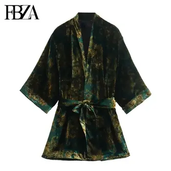 Женская мода FBZA Осень Зима, бархатные куртки с длинными рукавами, пальто, Шикарные женские топы, женское кимоно с поясом, верхняя одежда с принтом