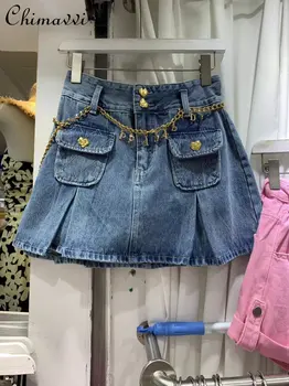 Женская универсальная джинсовая юбка трапециевидной формы с высокой талией, летняя новинка 2023 года, джинсовая юбка с карманами, Корейская модная одежда, мини-юбка для женщин