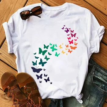 Женская футболка, футболка с принтом разноцветных бабочек, повседневные топы Harajuku, женская футболка с коротким рукавом и рисунком для девочек 90-х годов, Футболка для девочек