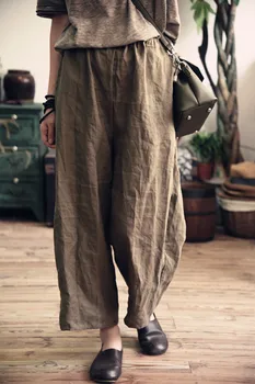 Женские Свободные однотонные брюки Ramie, женские винтажные брюки Ramie с эластичной резинкой на талии, женские летние брюки 2020 г.