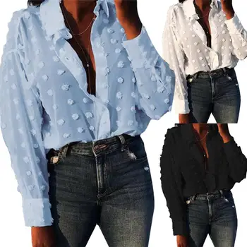 Женские топы и блузки Элегантная женская сорочка с длинным рукавом в горошек, свободная рубашка OL, женская шифоновая блузка, женская блузка blusa feminina