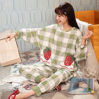 Женский пижамный комплект, хлопковая высококачественная пижама с клубничным принтом, свободная домашняя одежда для отдыха, осенне-зимняя длинная пижама для женщин