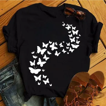 Женский топ с белой и цветной бабочкой, новая женская черная футболка, женская повседневная футболка с круглым вырезом