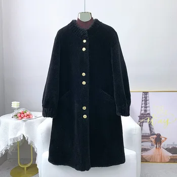 Женское длинное теплое пальто из натурального меха из овечьей шерсти, зимнее пальто с воротником-стойкой JT3173