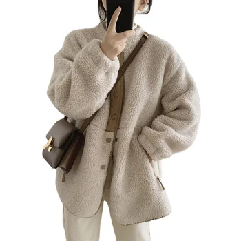 Женское пальто на осень-зиму 2022, очень теплый кардиган оверсайз, однотонные свободные плюшевые пальто для женской одежды, куртка с воротником-стойкой