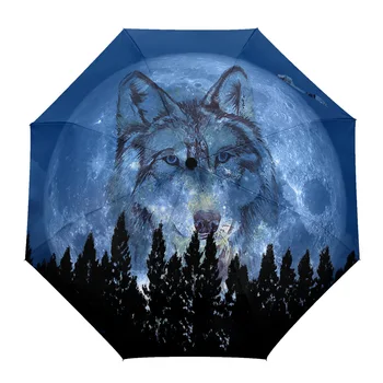 Животное Волк Ночная Луна Силуэт леса Пользовательские Неавтоматические Зонты для женщин Мужской Ветрозащитный Складной Зонт от дождя Зонтик
