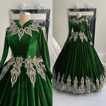Зеленые Мусульманские свадебные платья с высоким воротом, Бальное платье с аппликацией из бисера, V-образный вырез, Vestidos Noivas Sposa Robe De Mariee для помолвки