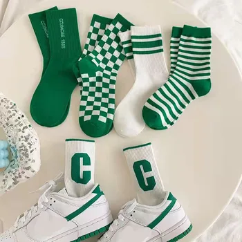 Зеленые носки в шахматном порядке, женские спортивные носки ins tide, верхние носки в полоску с буквами, женские хлопковые универсальные красивые модели