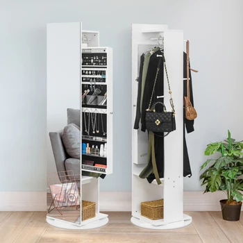 Зеркало в полный рост на 360 ° и органайзер для ювелирных изделий большой емкости, шкаф, запирающееся зеркало для хранения ювелирных изделий, вешалка для одежды