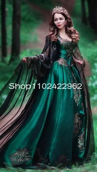 Изумрудно-зеленые Кельтские женские платья для косплея на выпускной с накидкой с открытыми плечами, корсет с аппликацией, маскарадное вечернее платье, халаты