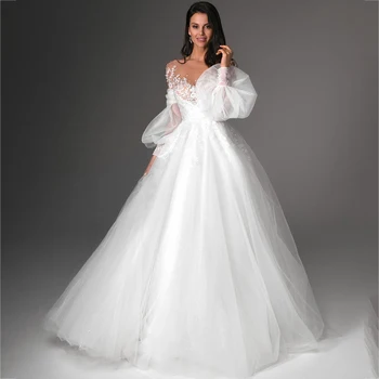 Изысканные свадебные платья Гладкая трапециевидная Красивая аппликация, полная иллюзия, дизайн пуговиц сзади, рукава со шлейфом, свадебное платье
