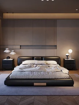 Итальянская минималистская кожаная кровать Современная минималистская главная спальня двуспальная кровать свадебная кровать с мягкой обивкой для пола
