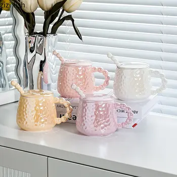 Керамическая кружка с крышкой и ложкой, Офисная кружка для послеобеденного чая, Кофейная кружка, чашка для молока, чашка для сока, Чашка для воды, Бытовые чайные чашки неправильной текстуры.