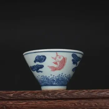Китайская сине-белая фарфоровая чашка с рисунком рыбы в красной глазури из китайского фарфора 3,07 дюйма