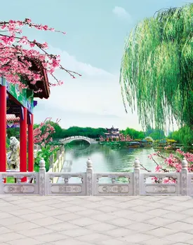 Китайское Традиционное здание 5х7 футов Цветы Река Дерево Фотофоны Реквизит для фотосъемки Студийный фон