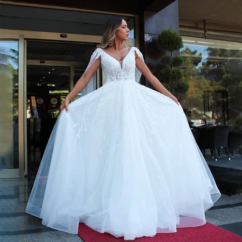 Классические свадебные платья из тюля трапециевидной формы с V-образным вырезом, кружевные аппликации, шлейф, свадебные платья Принцессы на заказ