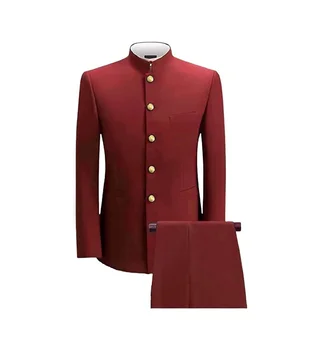 Классический красный костюм для мужчин, серый коричневый блейзер-мандарин, брюки, 2 предмета, смокинги для жениха, Бандхгала, мужская одежда
