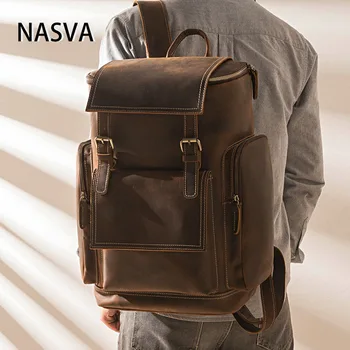 Кожаный рюкзак NASVA, мужской винтажный рюкзак для путешествий, сумка для офиса в бизнес-школе, сумка для ноутбука, Курьерская сумка для ноутбука