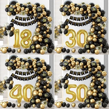 Комплект из арки с гирляндой из черного золота, латексный шар с конфетти, декор для вечеринки в честь Дня рождения 18 30 40 50 лет, Юбилей для взрослых