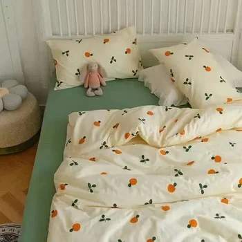 Комплект постельного белья в Корейском стиле Twin Queen Size, милый Кремово-вишневый Пододеяльник, Плоская простыня, Наволочка, постельное белье принцессы из полиэстера для девочек
