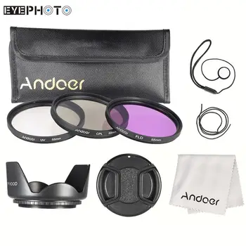 Комплект фильтров Andoer 55 мм (UV + CPL + FLD) + нейлоновая сумка для переноски + Крышка объектива + Держатель крышки объектива + Бленда объектива + Ткань для чистки объектива
