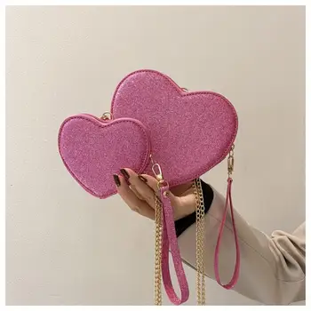 Корейская версия Для девочек, Милая сумка из искусственной кожи персикового цвета, 2023, Новая сумка на цепочке с застежкой-молнией, градиентная сумка для вечеринки в виде сердца Y2K